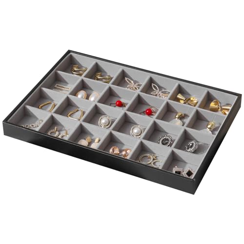 Large Jewelry Organizer Tray, Stackable Jewelry Storage Holder PU Leather Velvet Jewellery Display Case for Stud Earring Bracelet Necklace Ring (Black Gray, 24 Grids) - color: Black Gray