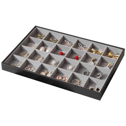 Large Jewelry Organizer Tray, Stackable Jewelry Storage Holder PU Leather Velvet Jewellery Display Case for Stud Earring Bracelet Necklace Ring (Black Gray, 24 Grids) - color: Black Gray
