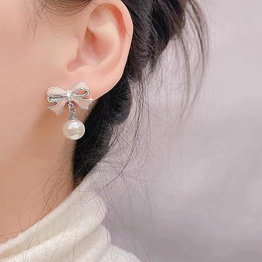 Gold Bow Earrings for Women, Long Tassel Chain Drop Earrings, Trendy Small Bow Earrings, Ribbon Waterfall Dangling Earrings, Pearl Bow Earrings, Sparkly Elegant Bowknot Preppy Jewelry Gifts for Women - color: Pink Bow-K2