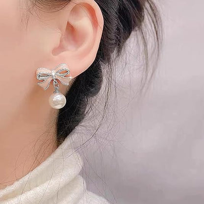 Gold Bow Earrings for Women, Long Tassel Chain Drop Earrings, Trendy Small Bow Earrings, Ribbon Waterfall Dangling Earrings, Pearl Bow Earrings, Sparkly Elegant Bowknot Preppy Jewelry Gifts for Women - color: Pink Bow-K2