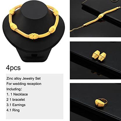 indian Women Jewelry Necklace Set african Dubai Bride Wedding Prom Fashion Jewelry 24K Gold Plated Necklace Bangles Rings Earrings - color: S-202