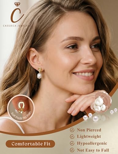 CASSIECA Clip on Earrings Women Pearl Earrings Hypoallergenic 14K Gold Plated Non Pierced Earring Comfortable Fake Drop Dangle Cubic Zirconia Lightweight Pearl Accessories Jewelry Gift Knot