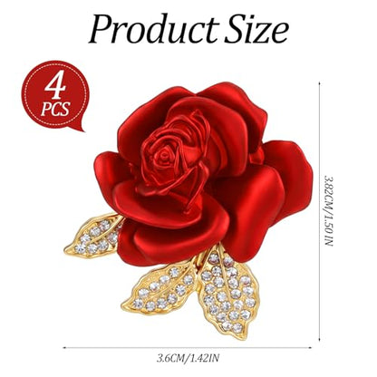 4pcs Rose Brooch, Elegant Red Rhinestone Rose Pin, Crystal Roses Brooches for Women Dress Party Dance Wedding Gift Accessories Jewelry