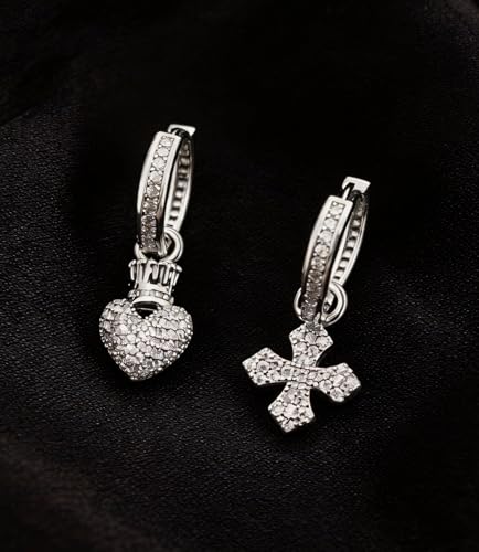 925 Silver Dangle Earrings for Women Sparkly Trendy Dainty Cute Crown Heart Cross CZ Drop Earring Fun Bling Asymmetrical 2000s Y2k Fashion Huggie Hoops Dangling Streetwear Jewelry Accessories - color: S