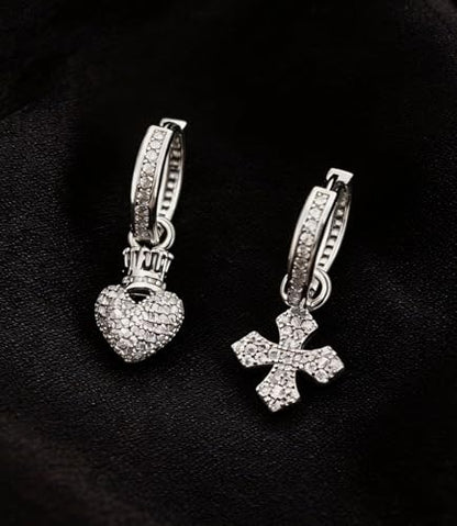 925 Silver Dangle Earrings for Women Sparkly Trendy Dainty Cute Crown Heart Cross CZ Drop Earring Fun Bling Asymmetrical 2000s Y2k Fashion Huggie Hoops Dangling Streetwear Jewelry Accessories - color: S