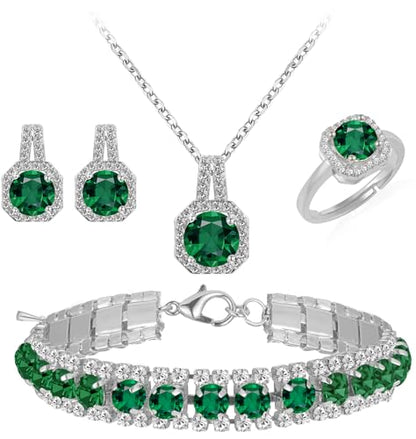 Paxuan 4pcs Cubic Zirconia Wedding Jewelry Sets for Bride Bridesmaid Cubic Zirconia Pendant Necklace Earrings Link Tennis Bracelet Open Ring Set for Women - color: Silver Plated Emeraald Green Cubic Zirconia