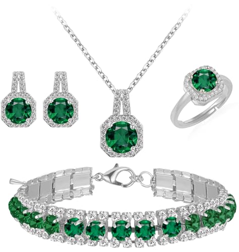 Paxuan 4pcs Cubic Zirconia Wedding Jewelry Sets for Bride Bridesmaid Cubic Zirconia Pendant Necklace Earrings Link Tennis Bracelet Open Ring Set for Women - color: Silver Plated Emeraald Green Cubic Zirconia