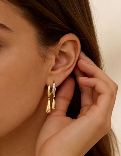 Pearl Earrings for Women Trendy, 14k Gold Plated Freshwater CZ Leaf Pearl Dangle Drop Gold Earrings Lightweight Hypoallergenic Stud Earring Bridesmaid Wedding Gold Jewelry for Women Gifts - style: cz teardrop earrings-1