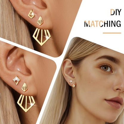 GEORGE · SMITH Geometric earring set for women, Star stud earrings set Suitable for multiple ear piercings 14K gold plated simple Rhombus earrings, front and back earrings for women（3 pairs）