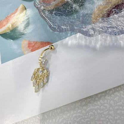 14G Boho Dangle Belly Button Ring, Stainless Steel Tassel Crystal Love Heart Chandelier Navel Piercing Barbell Belly Rings Body Piercings Jewelry for Women - color: Gold
