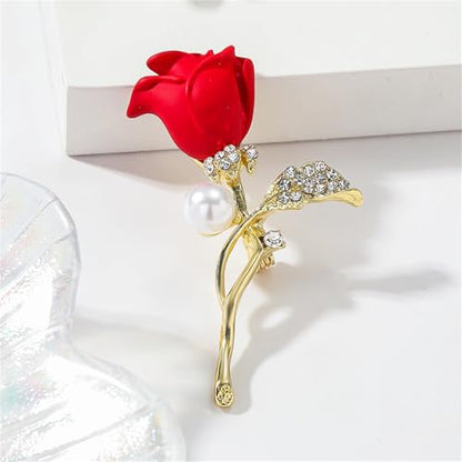Rose Flower Brooch Pin for Women Fashion Dainty Gold Plated 3D Red Roses Floral Crystal Brooch Pin Birthday Dress Suit Accessories Jewelry - style: Rose Pearl 2