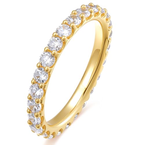 espere Womens Bezel Set Wedding Band | 14K Gold Plated Round Cut CZ Half Eternity Wedding Ring - color: Yellow Gold; Full Eternity Paved