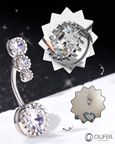 OUFER 316L Surgical Steel Belly Button Rings, Clear CZ Navel Rings, Belly Piercing Jewelry - color: Silver Bar, Clear CZ