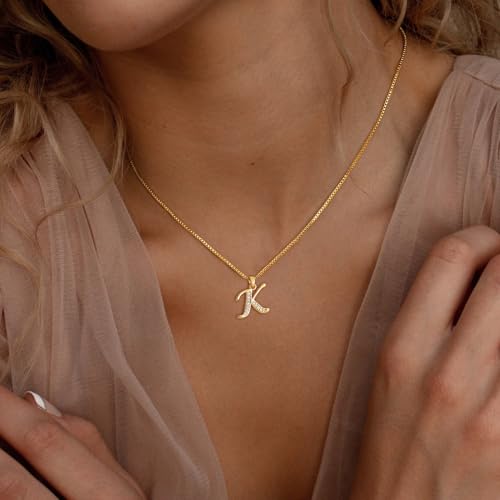 Initial Necklace for Women, 14K Gold Silver Plated Box Chain Letter Pendant, Trendy Name Necklace, Dainty Personalized Charm Jewelry Gift for Her - color: Gold, style: K