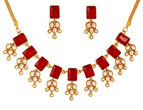 Touchstone Indian Bollywood Traditional Craftsmanship Mughal Designer Jewelry Wedding Necklace Set in Antique Gold Or White Tone for Women. - style: D437 Red