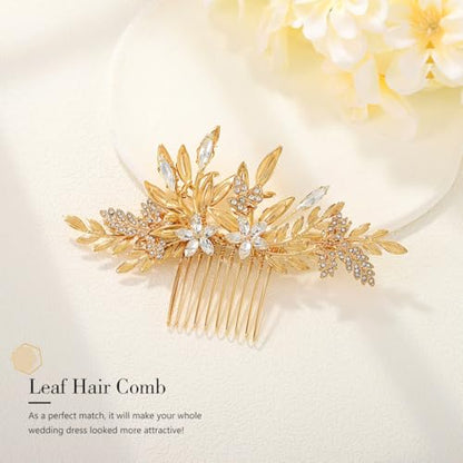 JAKAWIN Gold Hair Accessories Leaf Wedding Hair Piece Bridal Hair Comb | Crystal Hair Clip for Women - color: Gold