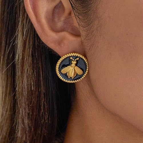 RAUCHBE Big Chunky Gold Earrings for Women Vintage Black Oval Earring Onyx Statement Earrings Trendy Jewelry - style: Bee