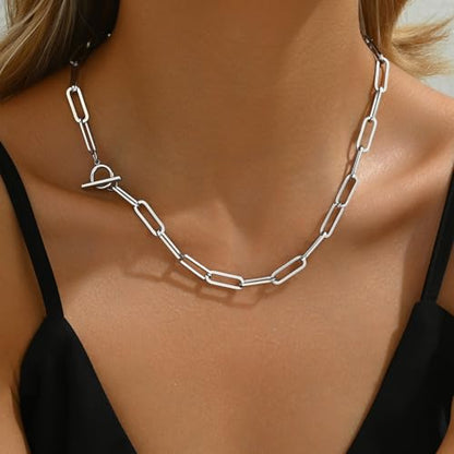 Chunky Gold Necklace for Women, 18K Gold Plated Paperclip, Figaro Link Chain Necklace, Toggle Clasp Necklaces, Trendy Non Tarnish Jewelry, Christmas Gifts - style: Paperclip Toggle 17.7''-White Gold