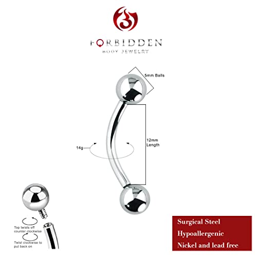 Forbidden Body Jewelry Curved Barbell Piercing Jewelry - 00GA-16GA Silver Eyebrow Piercing - Surgical Steel Snake Eye Frog Eyes Tongue Rings & Belly Rings for Women (6/14mm Bar, 3/12mm Balls) - style: 14GA, 12mm Length, 5mm Balls