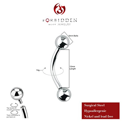 Forbidden Body Jewelry Curved Barbell Piercing Jewelry - 00GA-16GA Silver Eyebrow Piercing - Surgical Steel Snake Eye Frog Eyes Tongue Rings & Belly Rings for Women (6/14mm Bar, 3/12mm Balls) - style: 14GA, 12mm Length, 5mm Balls