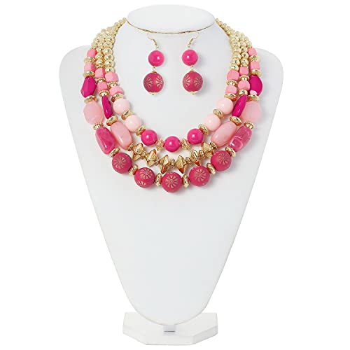 Bocar 3 Layer Chunky Statement Beaded Necklace and Earrings Set, Fashion Multi Layer Women Collar Necklace Jewelry Set - color: Bright Rose-Gold