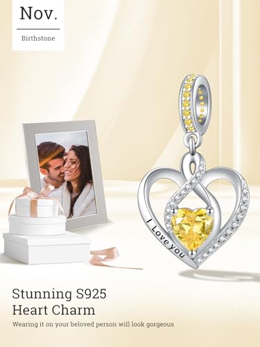 Heart Birthstone Charms for Bracelets, 925 Sterling Silver Women Bead Charms for Charm Bracelets Necklace, Mother's Day Birthday Anniversary Jewelry Gifts for Wife Mom Grandma Daughter - style: Dangle - Nov - Citrine