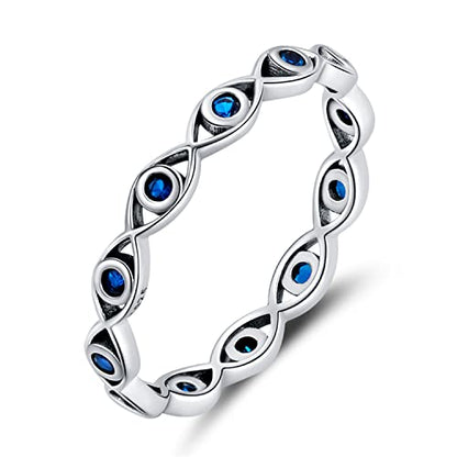 BISAER 925 Sterling Silver Evil Eye Ring for Woman Size 6-9