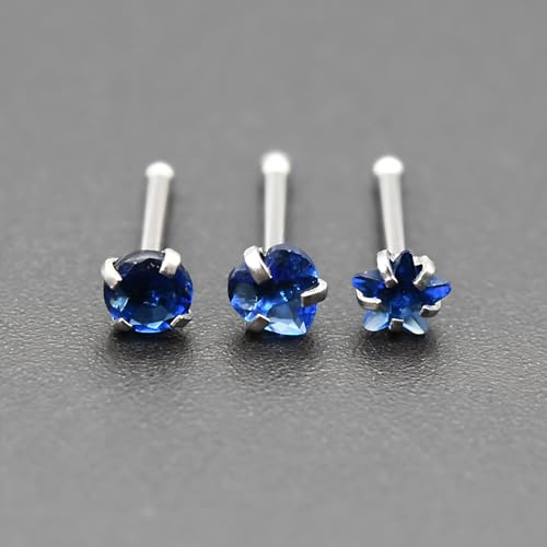 6-Piece Nose Piercing Studs Set, 20G Stainless Steel Nose Studs, 3mm Crystal Heart Star Round Shapes, 0.8x7mm Bone - color: Dark Blue