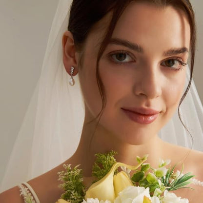 Pearl Earrings for Women, 14k Gold Plated Trendy Diamond Pearl Drop Earrings Hypoallergenic Dainty Bridal Gifts Wedding jewelry for Women - color: Silver-Pearl Style A