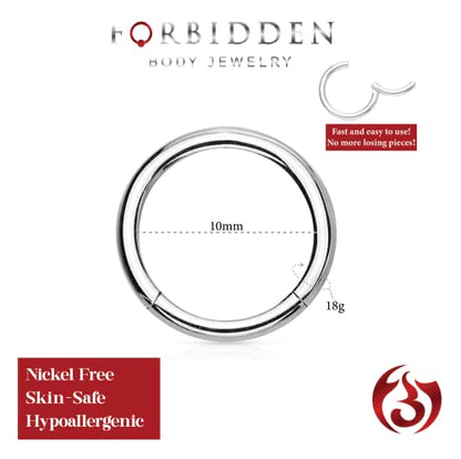 Forbidden Body Jewelry 316L Surgical Steel Hinged Seamless Nose Rings Hoop 14G 16G 18G, Diameter 6mm 8mm 10mm 12mm, Gold/Rose Gold/Silver/Black/Rainbow Colors. - style: 18g 10mm - Silver