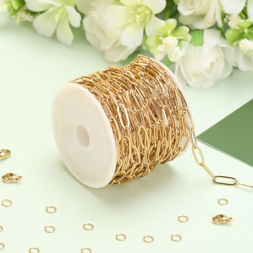 SMYHTGLIF 5 Meters Gold Chain Bulk for Jewelry Making Stainless Steel Chain | Cable Jewelry Making Chains Craft Chain Roll with Lobster Clasps and Open Jump Rings - color: Gold, size: 4×12mm