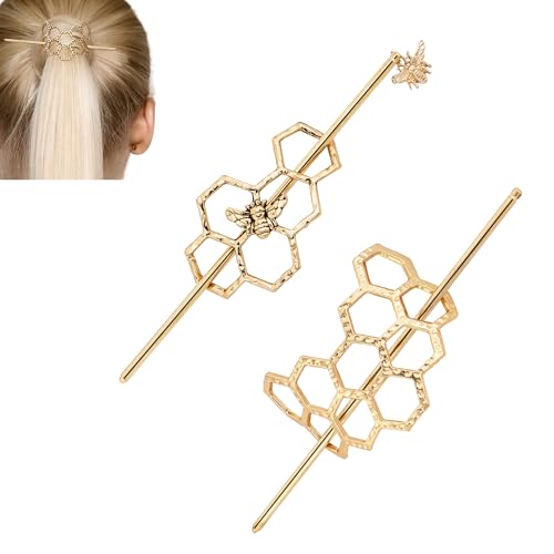Honeycomb Hair Clips Slide Hairpins Minimalist Bee Hair Barrette Bun Hair Pins Metal Hair Slide with Stick Creative Hair Accessories for Women Girls Gifts (Golden) - color: Golden