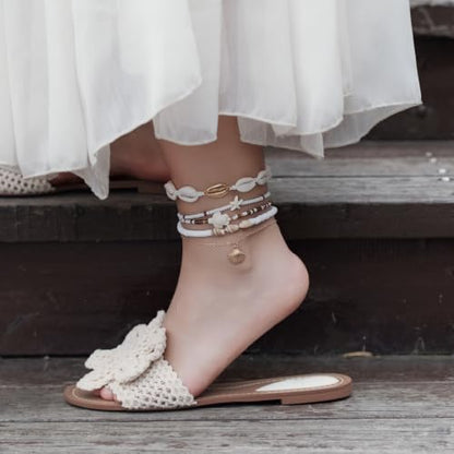 Beaded Anklet Bracelets For Women Waterproof Gold Anklets Jewelry Set Stack | non tarnish free pearl puka seashell beach boho stretchy anklet for summer dainty and tewiky gold plated - color: Golden Shell