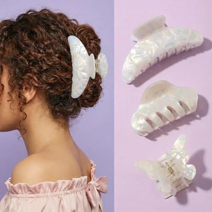 White Jelly Hair Clips 3-Pack, Large Medium & Small Claw Clips for Women, 4.5, 3.1 & 1.8 Inch Sparkly Jelly Clips for Thick and Thin Hair, Strong Hold Hair Accessories Gift Set | 3 Sizes