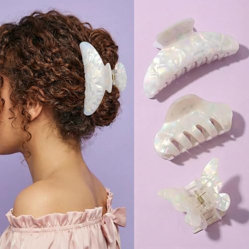 White Jelly Hair Clips 3-Pack, Large Medium & Small Claw Clips for Women, 4.5, 3.1 & 1.8 Inch Sparkly Jelly Clips for Thick and Thin Hair, Strong Hold Hair Accessories Gift Set | 3 Sizes