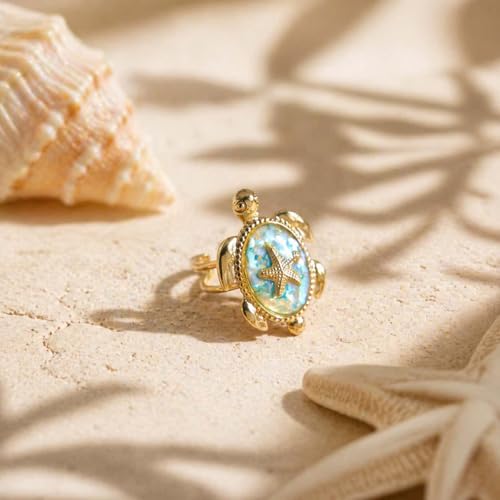 Adjustable Starfish & Tortoise Ring for Women – 18K Gold-Tone Plated Stainless Steel Open Band, Ocean-Inspired Jewelry with Shell Inlay,Comfort-Fit Statement Ring for Summer, Beach & Everyday Wear