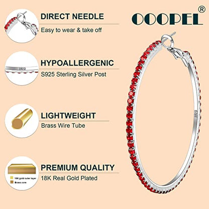 925 Sterling Silver Earrings Large Rhinestone Hoop Earrings Big Cubic Zirconia Hoop Earrings Thin Rhinestones Round Hoop Earrings for Women 20/30/40/50/60/70mm Sparkly Hoops With Crystals for Womens - color: red,50mm