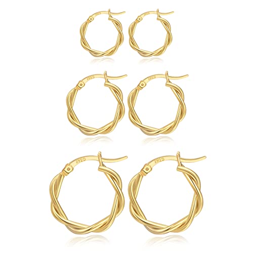 PABBEU 925 Sterling Silver Small Hoop Earrings Set for Women Hypoallergenic | 3Pairs Cubic Zirconia Small Huggie Hoop Earrings Set 13/15/20mm,Nickel-Free Lightweight Comfortable Sleeper Earrings Gift Set - color: 13/15/20mm M Gold