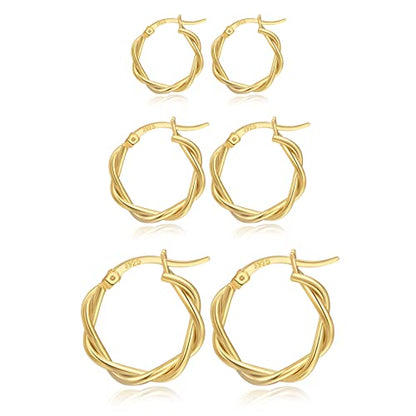 PABBEU 925 Sterling Silver Small Hoop Earrings Set for Women Hypoallergenic | 3Pairs Cubic Zirconia Small Huggie Hoop Earrings Set 13/15/20mm,Nickel-Free Lightweight Comfortable Sleeper Earrings Gift Set - color: 13/15/20mm M Gold