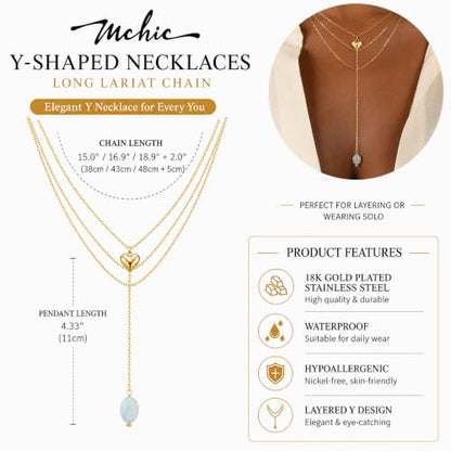 Mchic Gold Necklace for Women Dainty Long Lariat Necklace 18K Gold/Silver Plated Y-Shaped Pendant Necklaces Minimalist Layered Drop Necklaces Trendy Jewelry Gift - color: Gold2