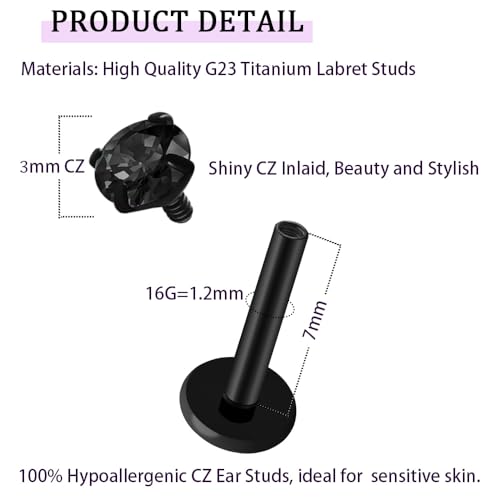 16G 18G Titanium Internal Thread CZ Stud Earrings Flat Back, Silver Black Tragus Helix Conch Cartilage Piercing Jewelry for Women Men 6mm 8mm 10mm Labret Studs 2PCS - color: Black, 16g, 7mm bar, 3mm Black CZ