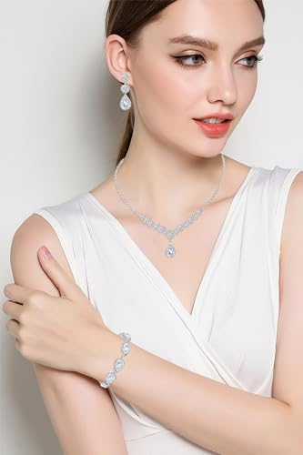 Paxuan Silver/Gold Rhinestone Crystal Wedding Bridal Bridesmaids Earrings Bracelet Set for Women Brides Bridesmaids Crystal Rhinestone Bracelet Earrings Set for Wedding Bridal Prom Pageant - color: Style2 - Necklace + Earrings + Bracelet(Silver Plated Whi