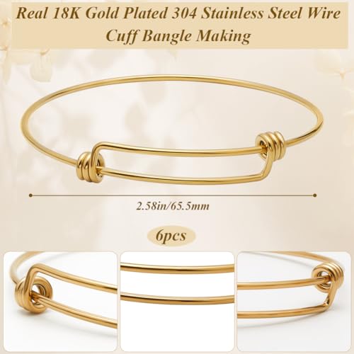 Beebeecraft 6Pcs Expandable Blank Bangle Bracelets Real 18K Gold Plated Stainless Steel Adjustable Wire Bracelets for Jewelry Making DIY Crafts Gift