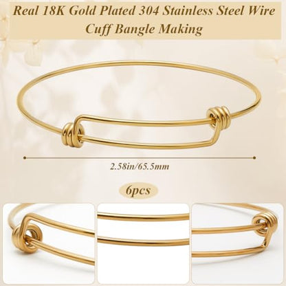 Beebeecraft 6Pcs Expandable Blank Bangle Bracelets Real 18K Gold Plated Stainless Steel Adjustable Wire Bracelets for Jewelry Making DIY Crafts Gift