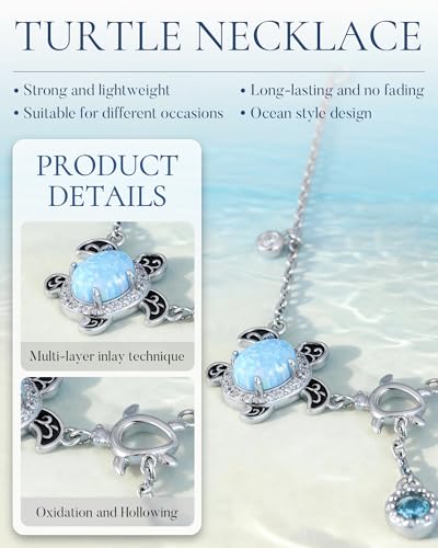 925-Sterling-Silver Sea Turtle Necklace for Women - Opal Turtle Pendant with Shell Bithday Mother's Day Christmas Ocean Theme Jewelry gift for Mom and Daughter
