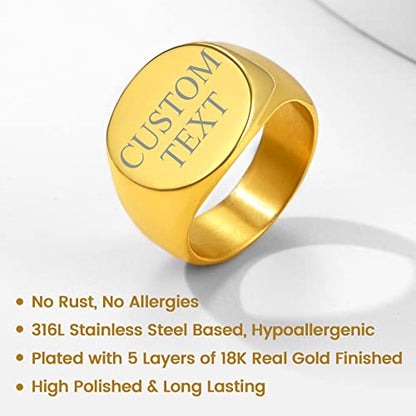 GoldChic Jewelry Personalized Signet Rings Men Women, Stainless Steel Custom Photo Bold Square/Oval Monogram/Old English Initial Pinky Stacking Statement Ring in Black/Silver/Gold (Size 7-14) - color: Gold-Customized -Round