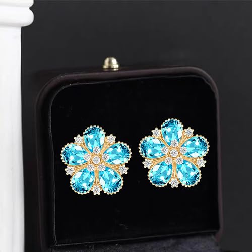 Bohemian Sparkly Crystal Flower Sliver Lightweight Stud Earrings Peach Blossom Rhinestone Floral Dangle Earrings For Women Jewelry Gifts - color: Blue