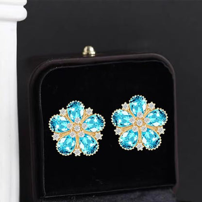 Bohemian Sparkly Crystal Flower Sliver Lightweight Stud Earrings Peach Blossom Rhinestone Floral Dangle Earrings For Women Jewelry Gifts - color: Blue