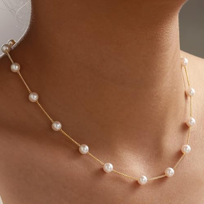 Ritach Pearl Necklaces for Women - Real Gold Plated Dainty Pearl Necklace Daisy Round Drop Pearl Choker Necklace Layered Gold Necklace for Women Teen Girls Bridesmaid Wedding Birthday Gifts - style: Gold-Satellite Pearl