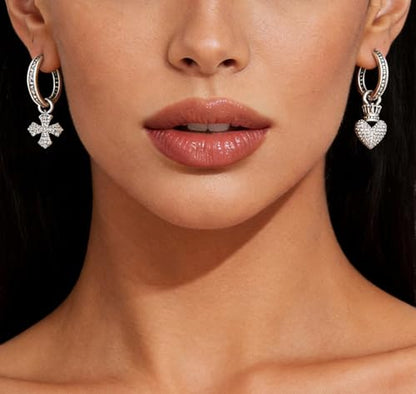925 Silver Dangle Earrings for Women Sparkly Trendy Dainty Cute Crown Heart Cross CZ Drop Earring Fun Bling Asymmetrical 2000s Y2k Fashion Huggie Hoops Dangling Streetwear Jewelry Accessories - color: S